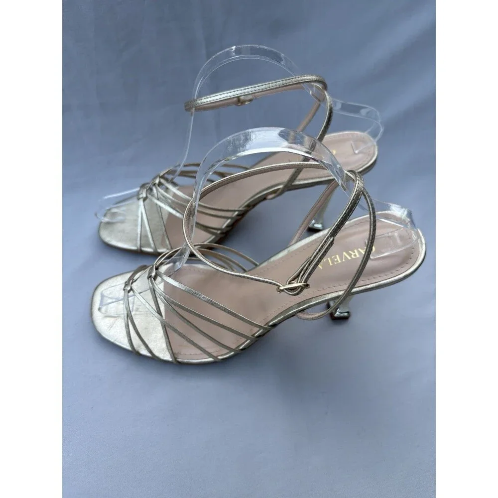 Carvela Gold Leather Strappy Open-Toe Slide Sandals Stiletto Heel Size 10